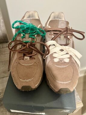 New Balance Brown Suede Sneakers with Mixed Laces